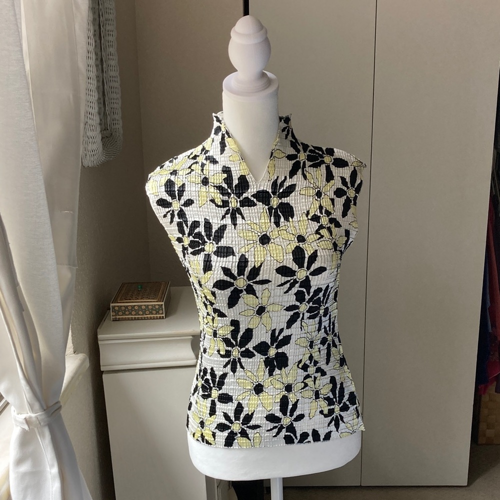 Petite Sophisticate Black and Yellow Floral Blouse.